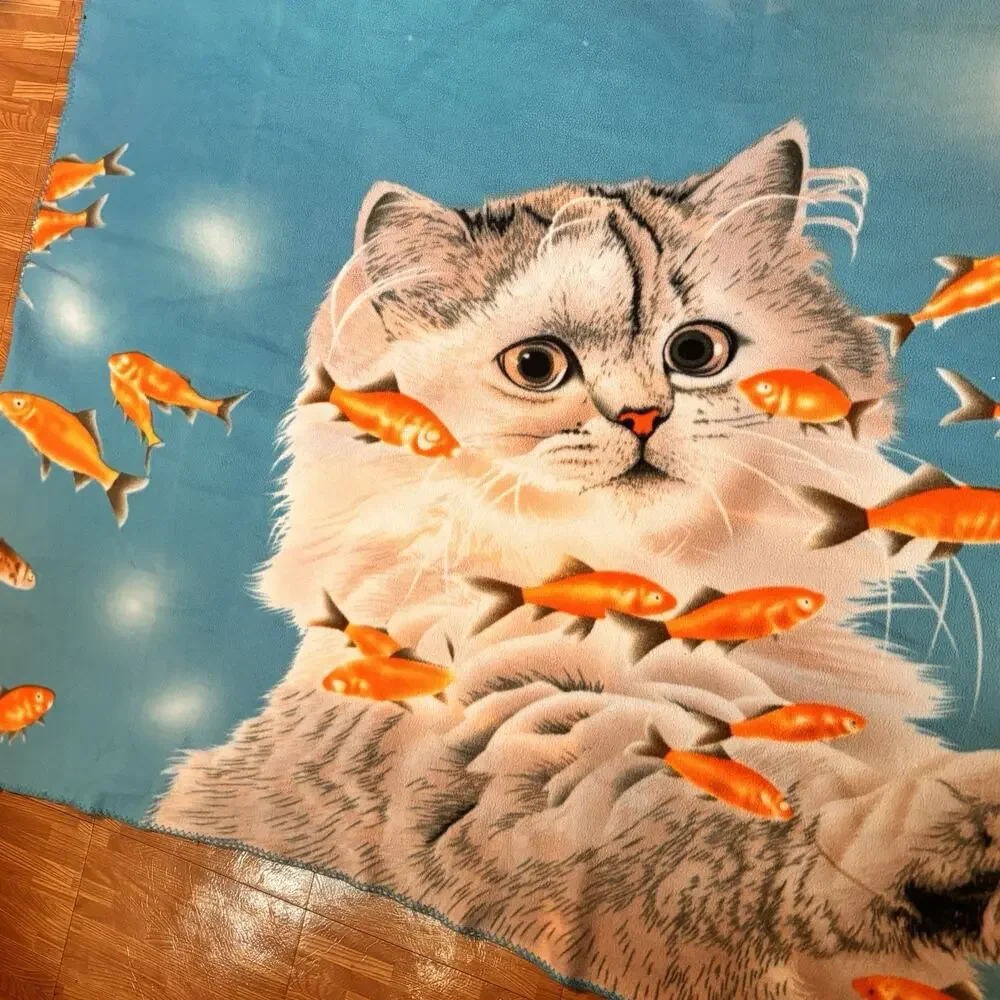 Cat Kitten Goldfish Fleece Throw Blanket Blue Koi Fish Soft Plush 45x70